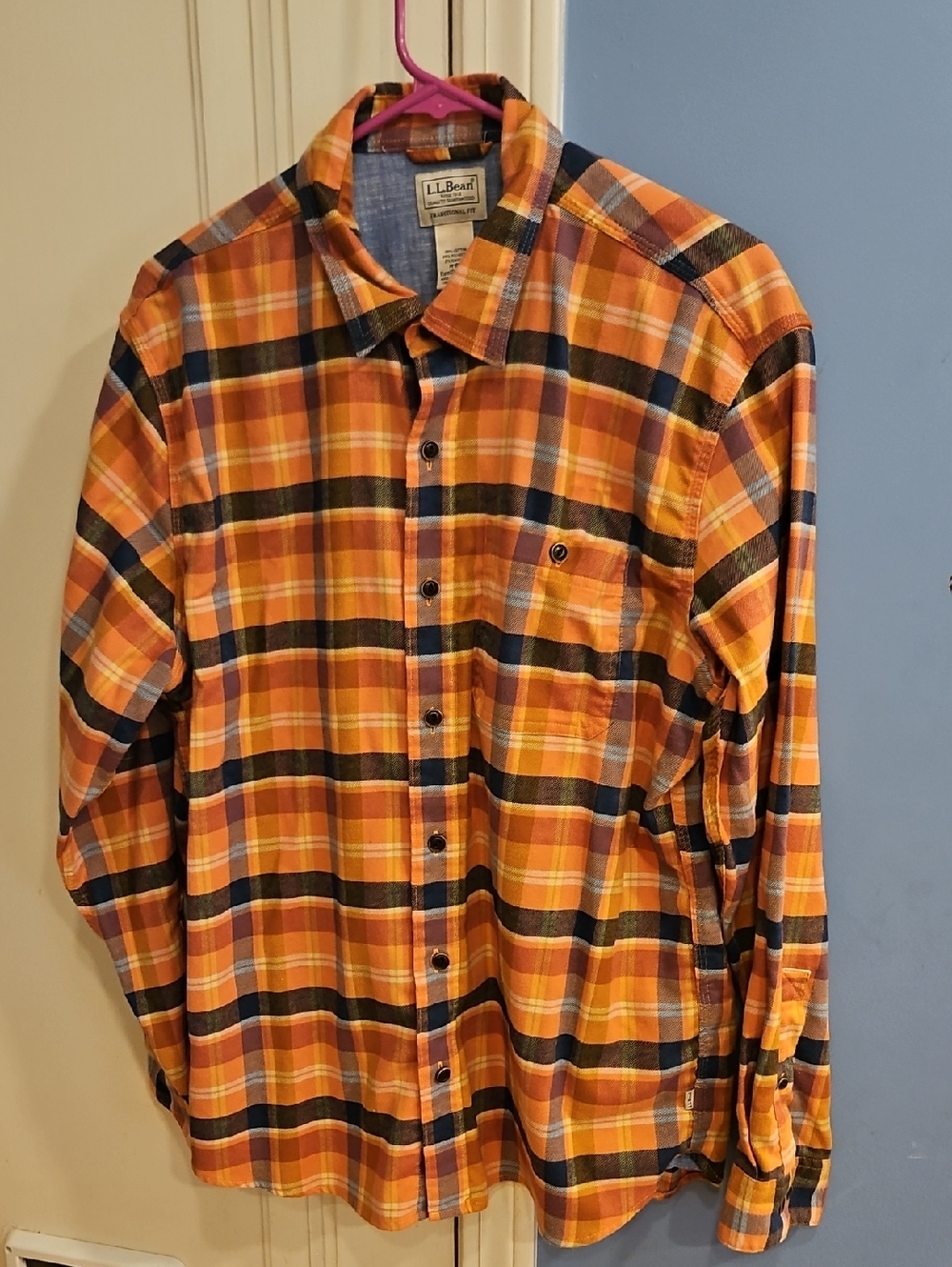 L.L.Bean Men's Orange/Peach Plaid Flannel Shirt